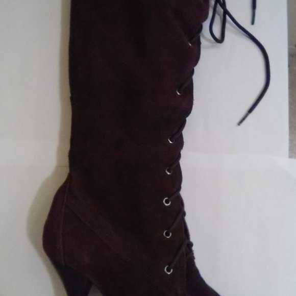 CAMI BROWN SUEDE KNEE HIGH HIGH HEEL BOOTS SIZE 6.5 - Picture 4 of 5